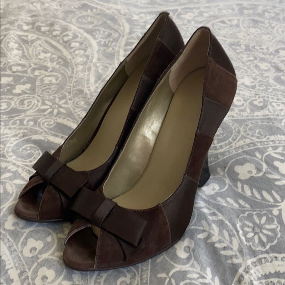 Suede & Satin BCBG Peep Toe Wedges
